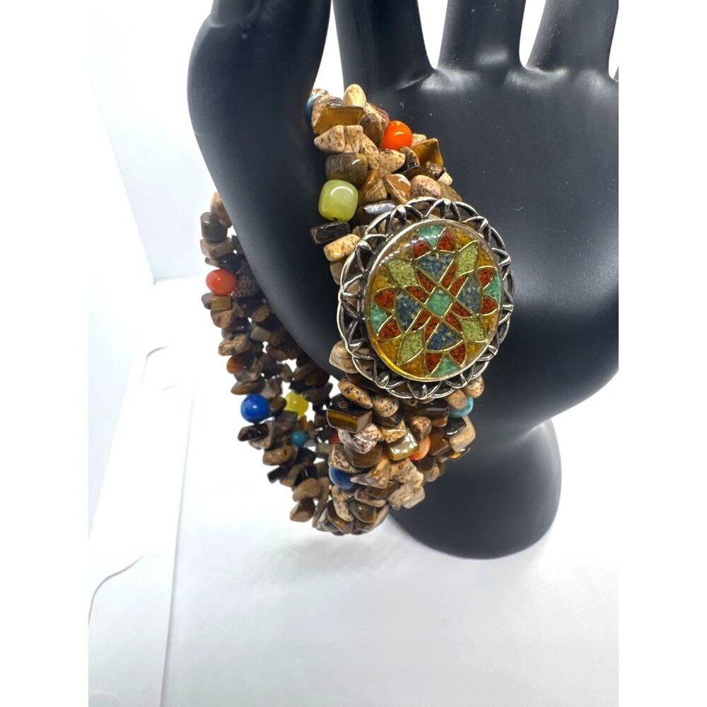 Carolyn Pollack Relios 925 Multi Stone Stretch Bracelet Mosaic Medallion Boho